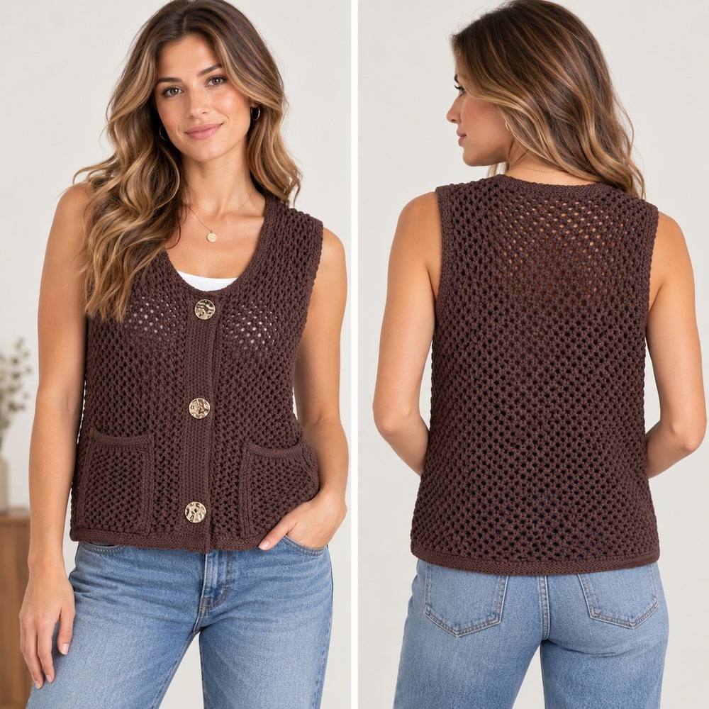 Vigoss Crochet Knit Vest Women M Brown Coastal Grandmother Button Front Boho